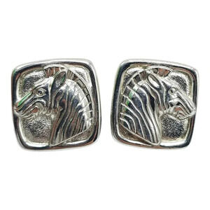Square Engraved Zebra Head Studded Earrings Clip on Clasp Silver Tone Vintage